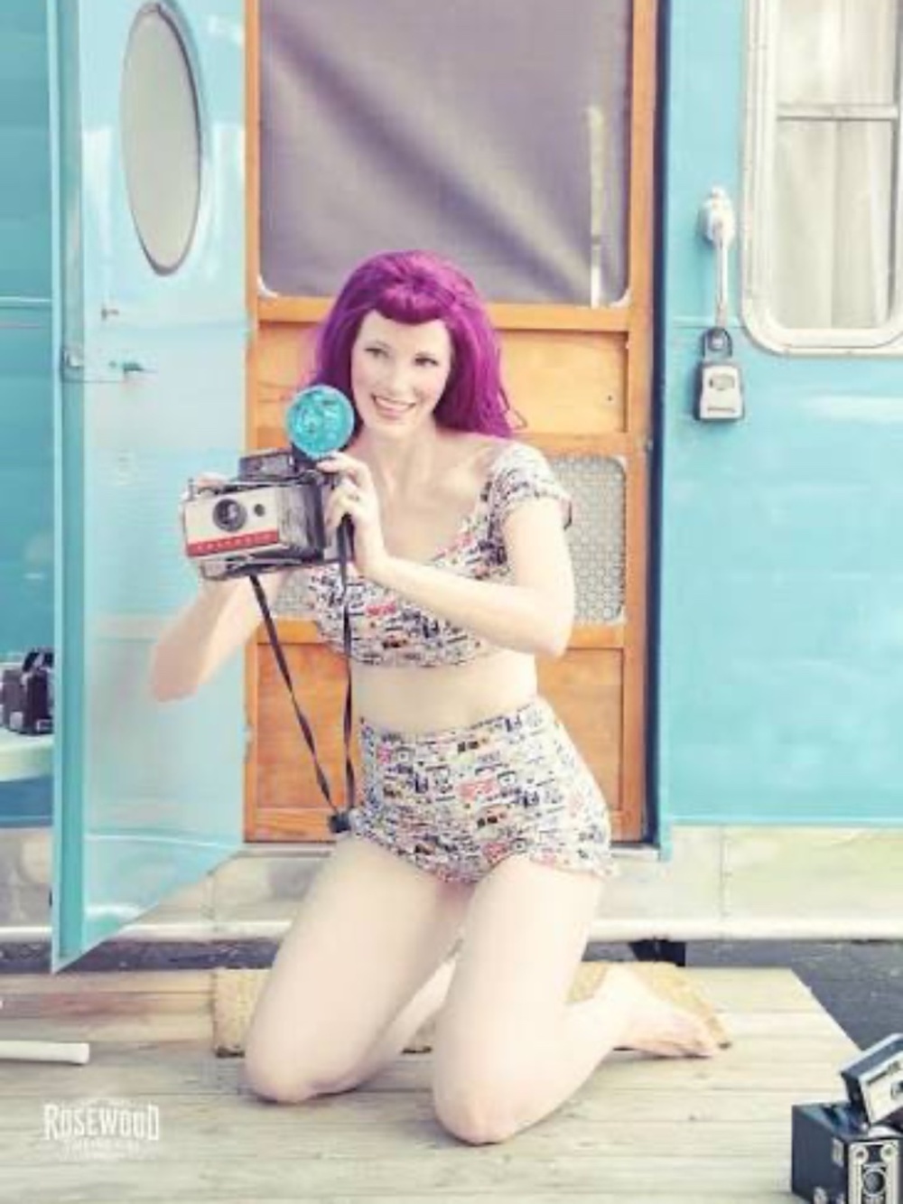 Red Dolly retro camera high waisted swimsuit, XL